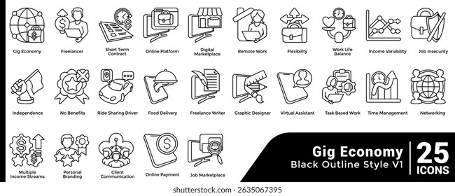 Bundle of 25 Gig Economy themed icons Line style.