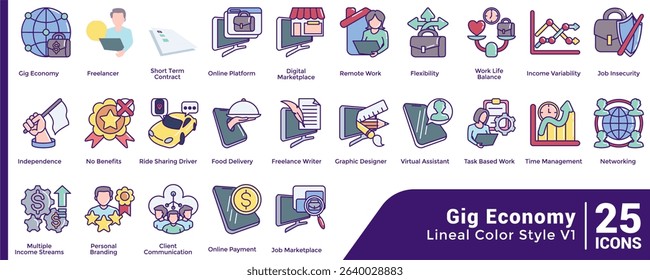 Bundle of 25 Gig Economy themed icons Lineal Color style.