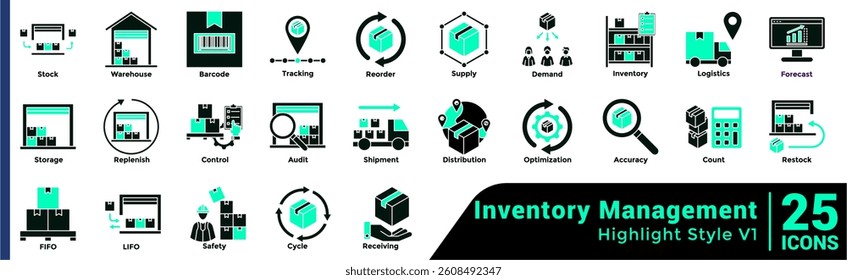Bundle of 25 Inventory Management themed icons Dualtone style.