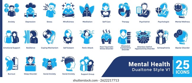 Bundle of 25 Mental Health themed icons Dualtone style.