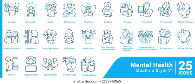 Bundle of 25 Mental Health themed icons Dual Line style.