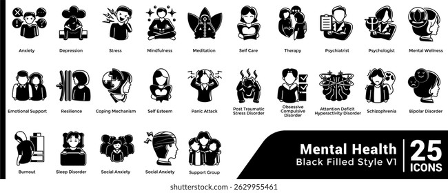 Bundle of 25 Mental Health themed icons Black Filled style.
