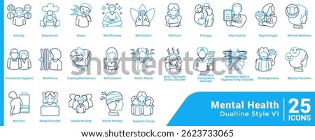 Bundle of 25 Mental Health themed icons Dual Line style.