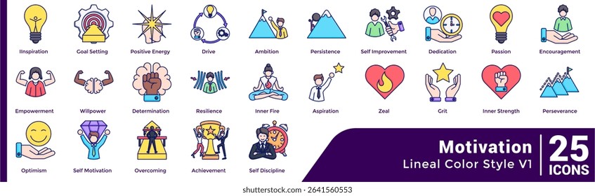 Bundle of 25 Motivation themed icons Lineal Color style.