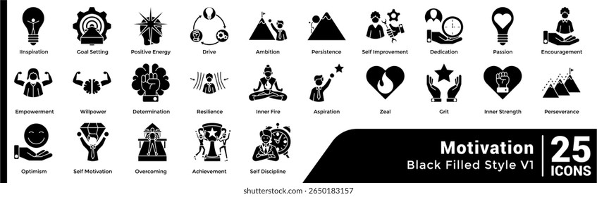 Bundle of 25 Motivation themed icons Black Filled style.