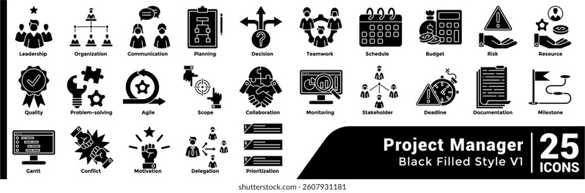 Bundle of 25 Project Manager themed icons Black Filled style.