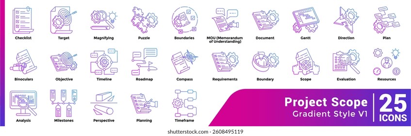 Bundle of 25 Project Scope themed icons Flat style.