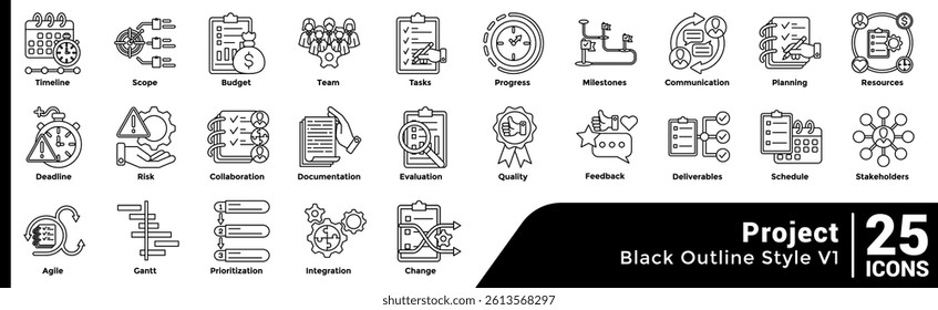 Bundle of 25 Projects themed icons Line style.