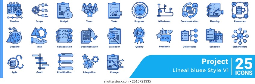 Bundle of 25 Projects themed icons Blue style.