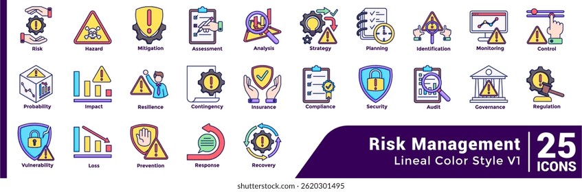 Paquete de 25 iconos temáticos de gestión de riesgos Estilo de color lineal.
