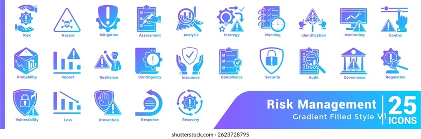 Bundle of 25 Risk Management themed icons gradient style.