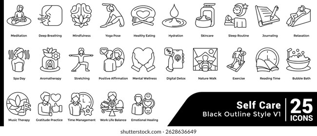 Bundle of 25 Self Care themed icons Line style.