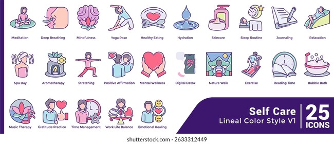 Bundle of 25 Self Care themed icons Lineal Color style.