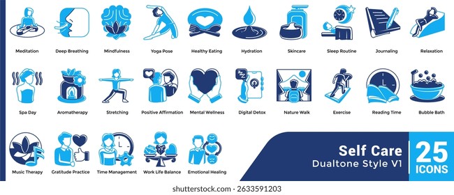 Bundle of 25 Self Care themed icons Dualtone style.