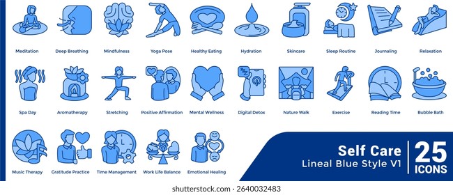 Bundle of 25 Self Care themed icons Blue style.