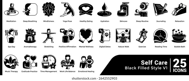 Bundle of 25 Self Care themed icons Black Filled style.
