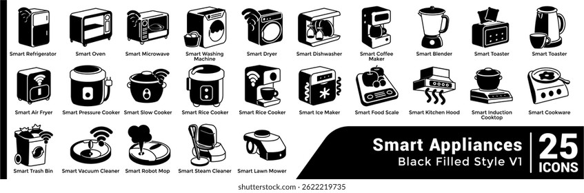Bundle of 25 Smart Appliances themed icons Black Filled style.