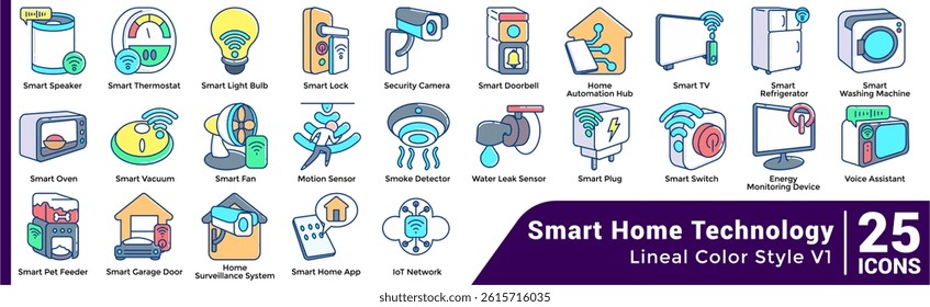 Bundle of 25 Smart Home Technology themed icons Lineal Color style.