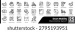 Bundle of 25 Smart Mobility icons designed to represent connected transport systems, intelligent infrastructure, and modern urban mobility solutions for future ready city design projects. Line style.