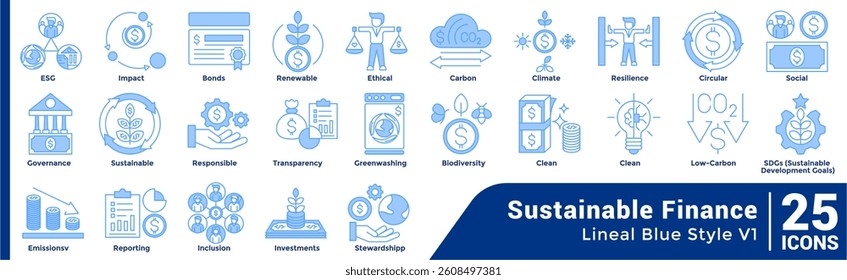 Bundle of 25 Sustainable Finance themed icons Blue style.