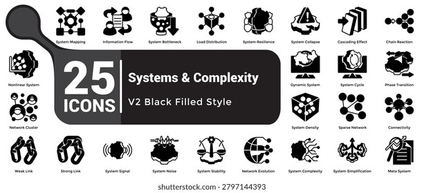 Bundle of 25 Systems Complexity icons for illustrating resilience systems, network evolution patterns, process optimization concepts, and complexity management themes. Black Filled style.