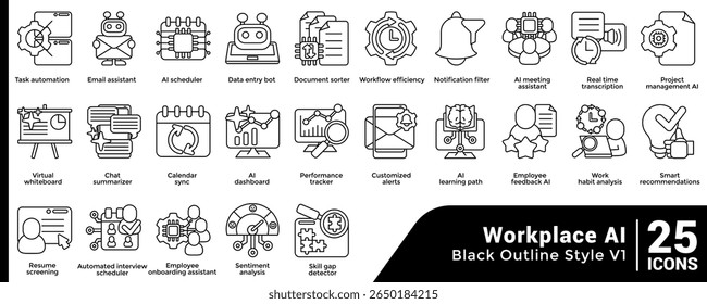 Bundle of 25 Workplace AI themed icons Line style.
