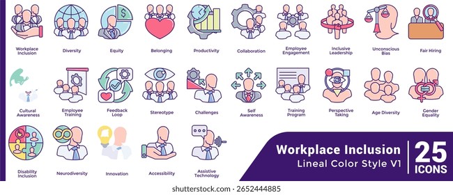 Pacote de 25 Workplace Inclusion ícones temáticos Estilo de cor linear.