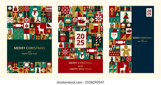 Bundle 3 celebrating cards in red, green, blue colors with New 2025 Year. Concept with pattern of geometric shapes for Merry Christmas. Icons with snowman, cookie, gifts, candles. Bauhaus style
