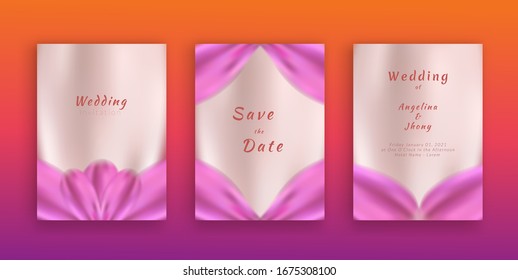 Conjunto 3 Diseño de tarjeta de invitación con decoraciones de elementos pétalos de flores rosas.