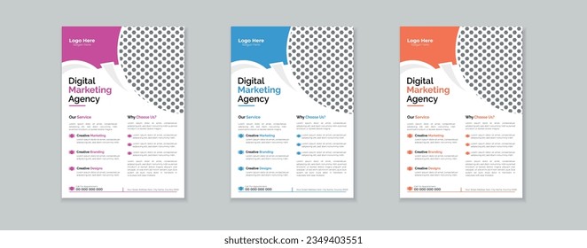 Un conjunto de 3 plantillas de colores diferentes a4, plantilla moderna de volante de negocios, folleto de negocios y diseño creativo para la Agencia