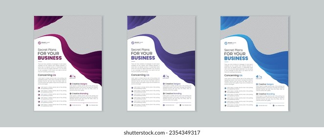 Un conjunto de 3 plantillas de colores diferentes a4, plantilla moderna de volante de negocios, folleto de negocios y diseño creativo para la empresa