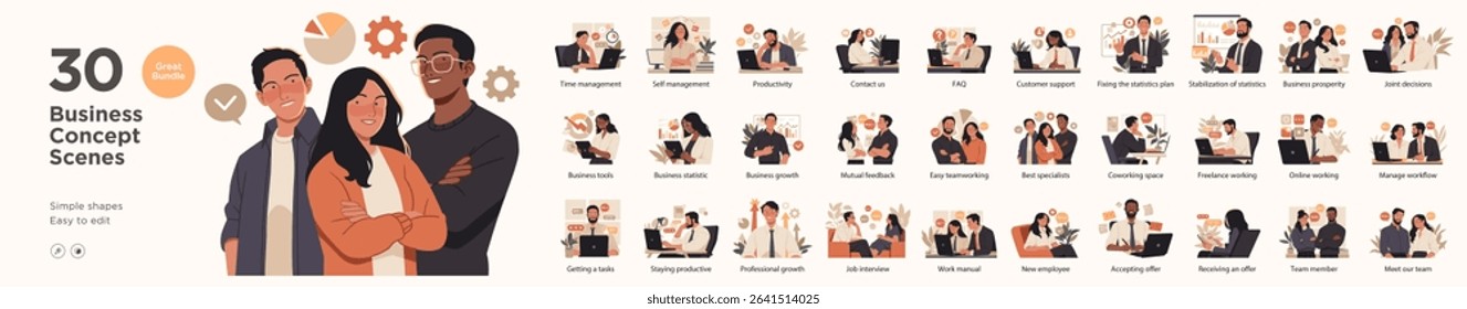 A bundle of 30 editable flat illustrations showing key business scenes, including productivity, teamwork, communication, hiring, and remote work concepts.