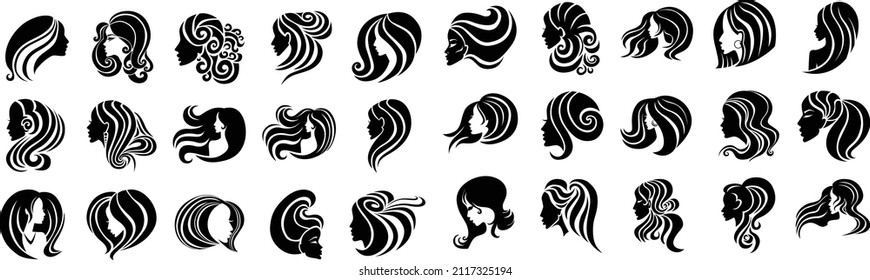 Bundle - 30 ilustraciones vectoriales mujer con hermoso cabello. Ilustración vectorial. Logo del salón de belleza