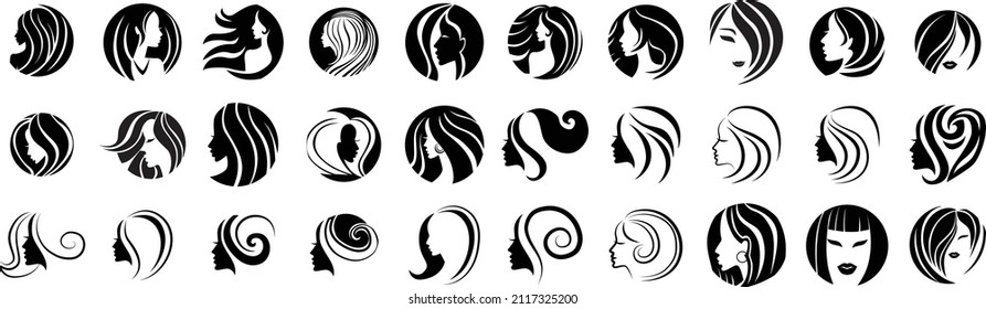 Bundle - 30 vector illustration woman with beautiful hair. Vector illustration. Beauty salon logo