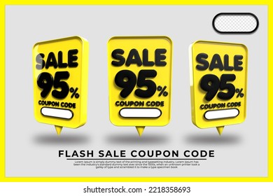 Paket mit 3D-Flash-Rabatt-Nummer 95% mit gelben schwarzen Farben, Online-Shop-Banner, Sonderangebot, Gelb 