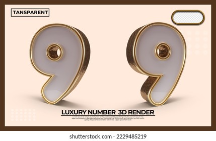 Bundle of 3D render 9 numbers gold luxury transparent for design element