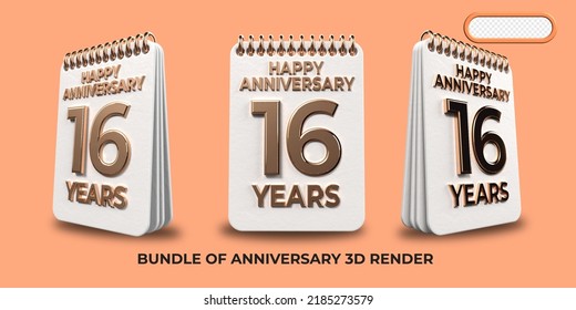 Bundle of 3D render birthday number 16, anniversary gold style age celebrate luxury