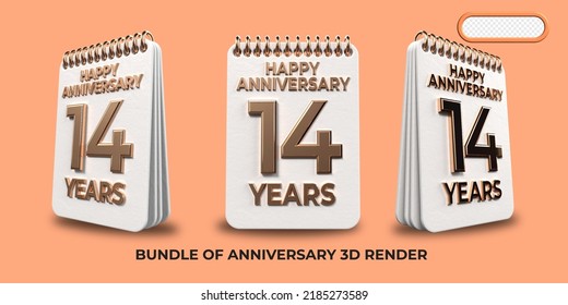 Bundle of 3D render birthday number 14, anniversary gold style age celebrate luxury