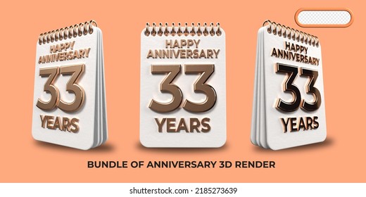 Bundle of 3D render birthday number 33, anniversary gold style age celebrate luxury