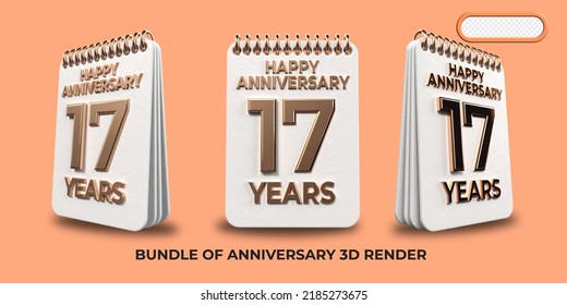 Bundle of 3D render birthday number 17, anniversary gold style age celebrate luxury