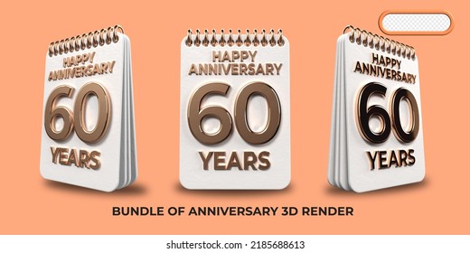 Bundle of 3D render birthday number 60, anniversary gold style age celebrate luxury