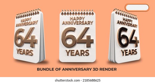 Bundle of 3D render birthday number 64, anniversary gold style age celebrate luxury