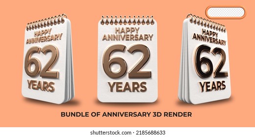 Paquete de cumpleaños 3D renderizado número 62, aniversario edad estilo oro celebrar lujo