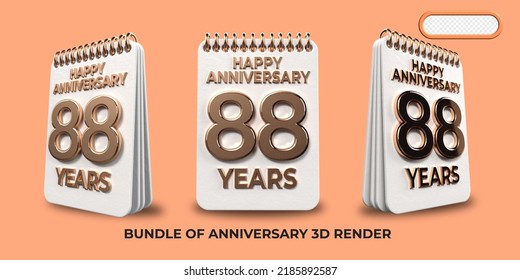 Bundle of 3D render birthday number 88, anniversary gold style age celebrate luxury