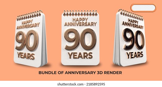 Bundle of 3D render birthday number 90, anniversary gold style age celebrate luxury