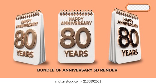 Bundle of 3D render birthday number 80, anniversary gold style age celebrate luxury