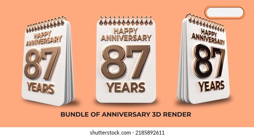Bundle of 3D render birthday number 87, anniversary gold style age celebrate luxury