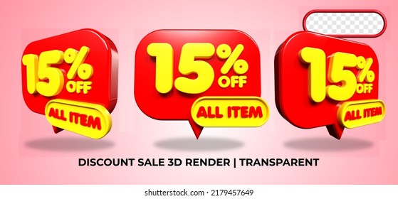 Bundle of 3D render  discount 15% sale, sell promo element voucher red, yellow colors