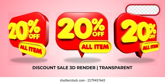 Bundle of 3D render  discount 20% sale, sell promo element voucher red, yellow colors