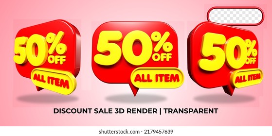 Bundle of 3D render  discount 50% sale, sell promo element voucher red, yellow colors